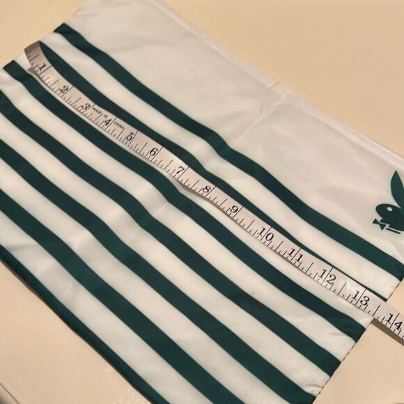 Playboy Zip Top Waterproof Beach Pouch White Green Stripe Toiletry Cosmetic Bag - Picture 5 of 9